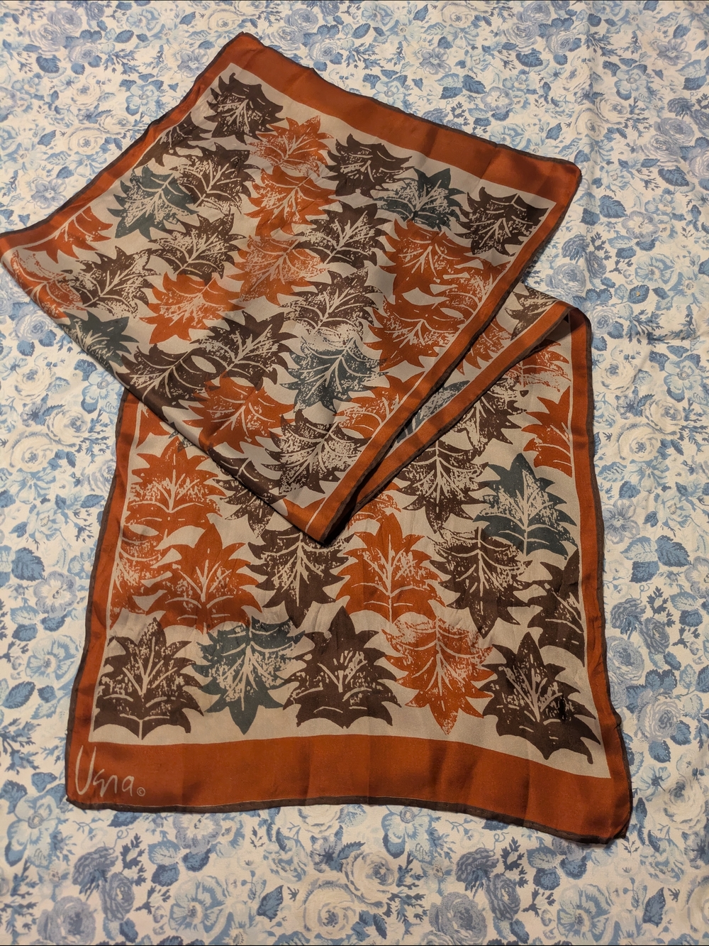 Silk Leaf Print Scarf in Rust and Green